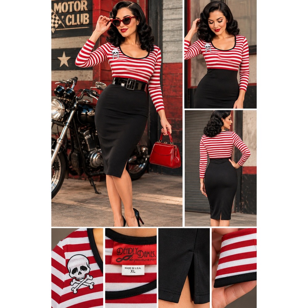 Deadly Dames Size XL Pinup Couture Hotrod Honey Dress In Red Striped Skull NWOT